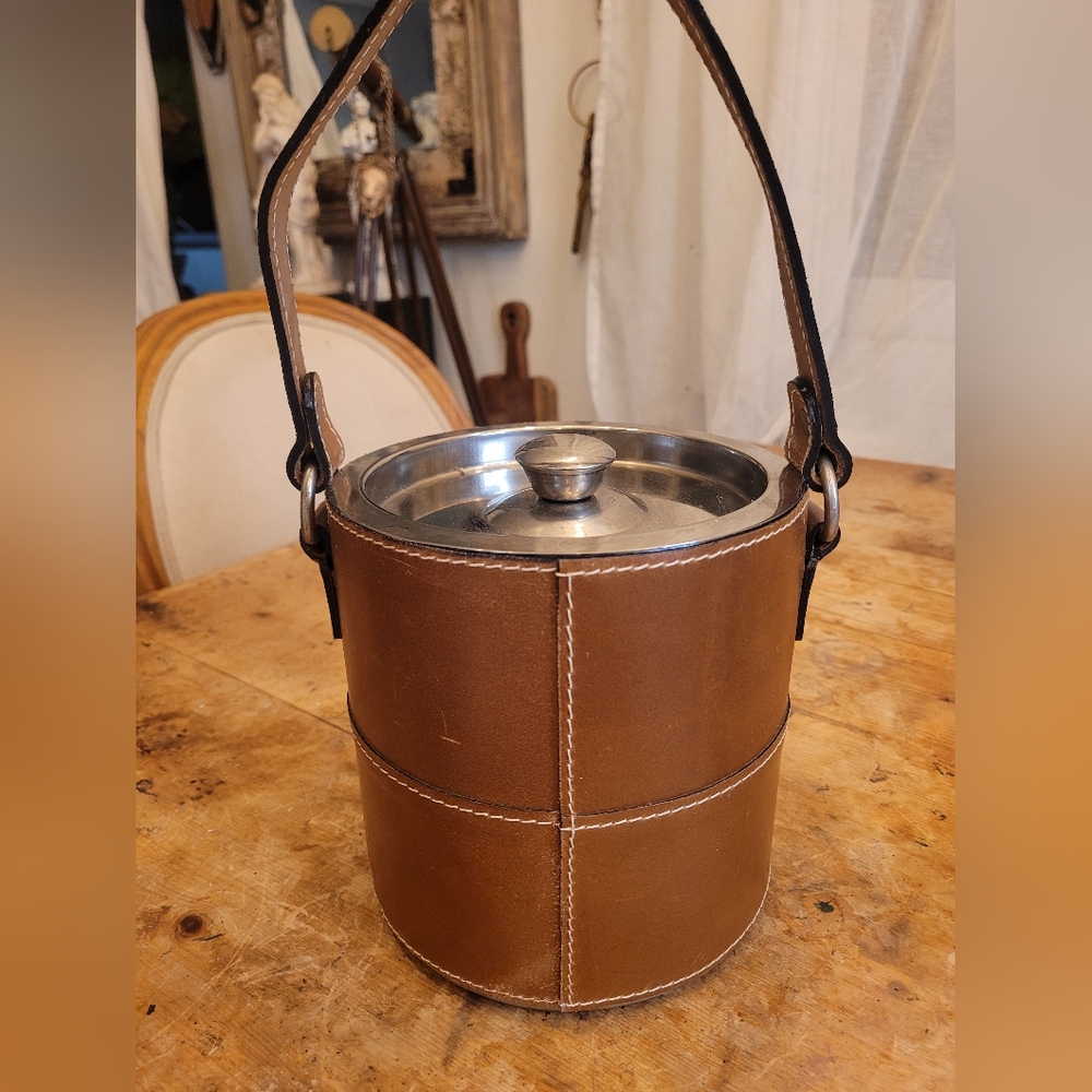 Pottery Barn Brown Leather Ice Bucket with Handle